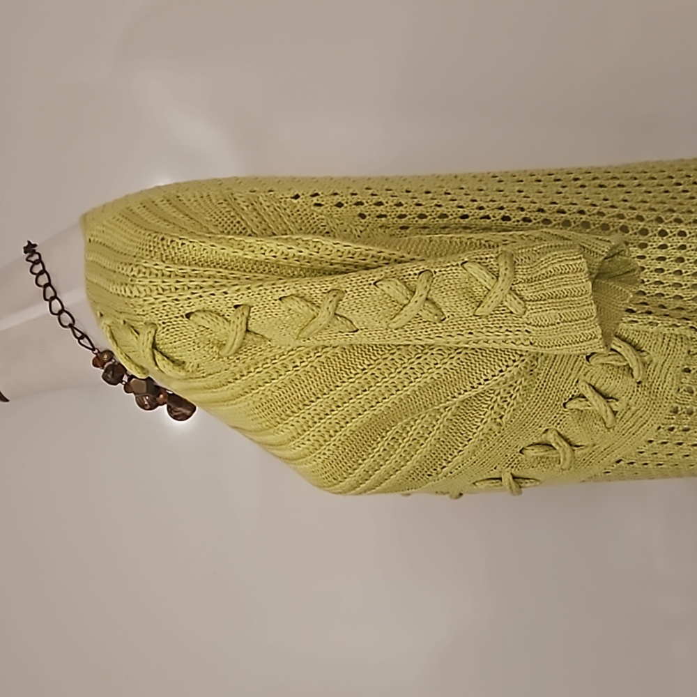 RUBY RD. lime yellow green chunky knit sweater Lg. tie detail - Picture 5 of 6
